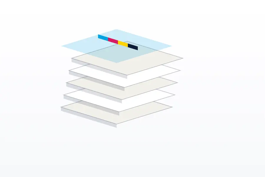 Illustration of a stack of printed books and brochures with a colour bar